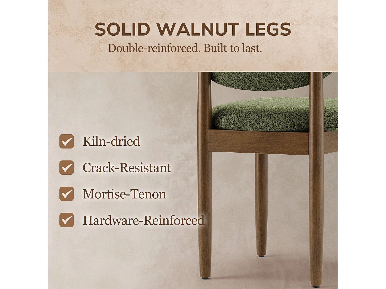 Lot de 2 Chaises de Salle à Manger en Chenille, Pieds en Bois, Dossier Ergonomique, Assise Rembourrée Confortable, vert