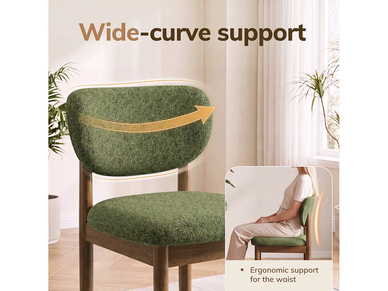 Lot de 2 Chaises de Salle à Manger en Chenille, Pieds en Bois, Dossier Ergonomique, Assise Rembourrée Confortable, vert