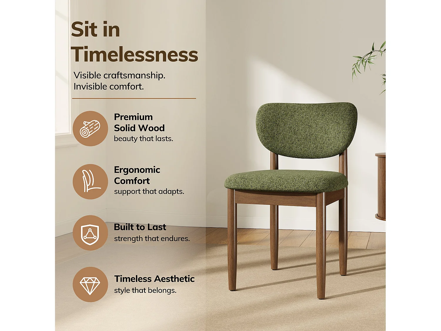 Lot de 2 Chaises de Salle à Manger en Chenille, Pieds en Bois, Dossier Ergonomique, Assise Rembourrée Confortable, vert