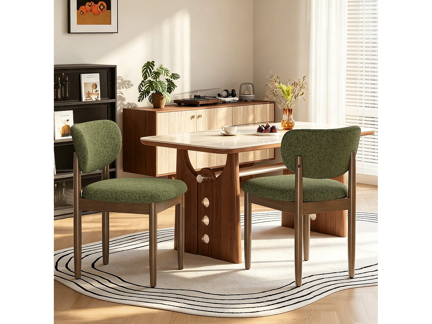 Lot de 2 Chaises de Salle à Manger en Chenille, Pieds en Bois, Dossier Ergonomique, Assise Rembourrée Confortable, vert