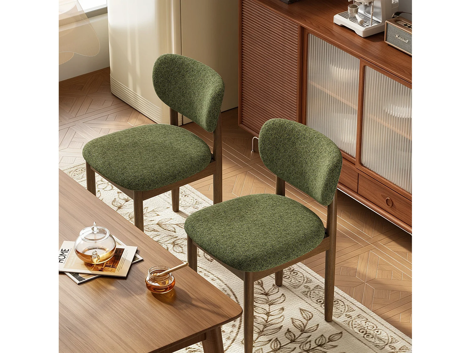 Lot de 2 Chaises de Salle à Manger en Chenille, Pieds en Bois, Dossier Ergonomique, Assise Rembourrée Confortable, vert