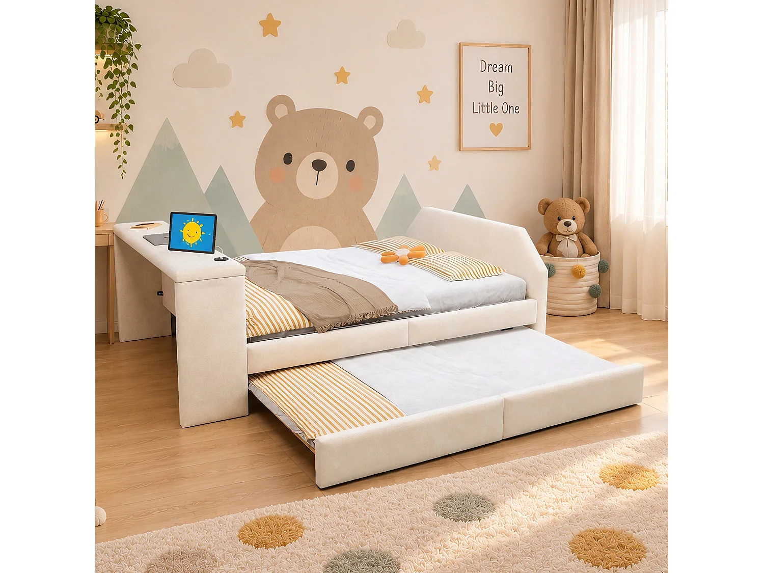 Letto imbottito 140 x 200 cm con scrivania, letto estraibile e porta USB - Velluto - Beige (materasso non incluso)