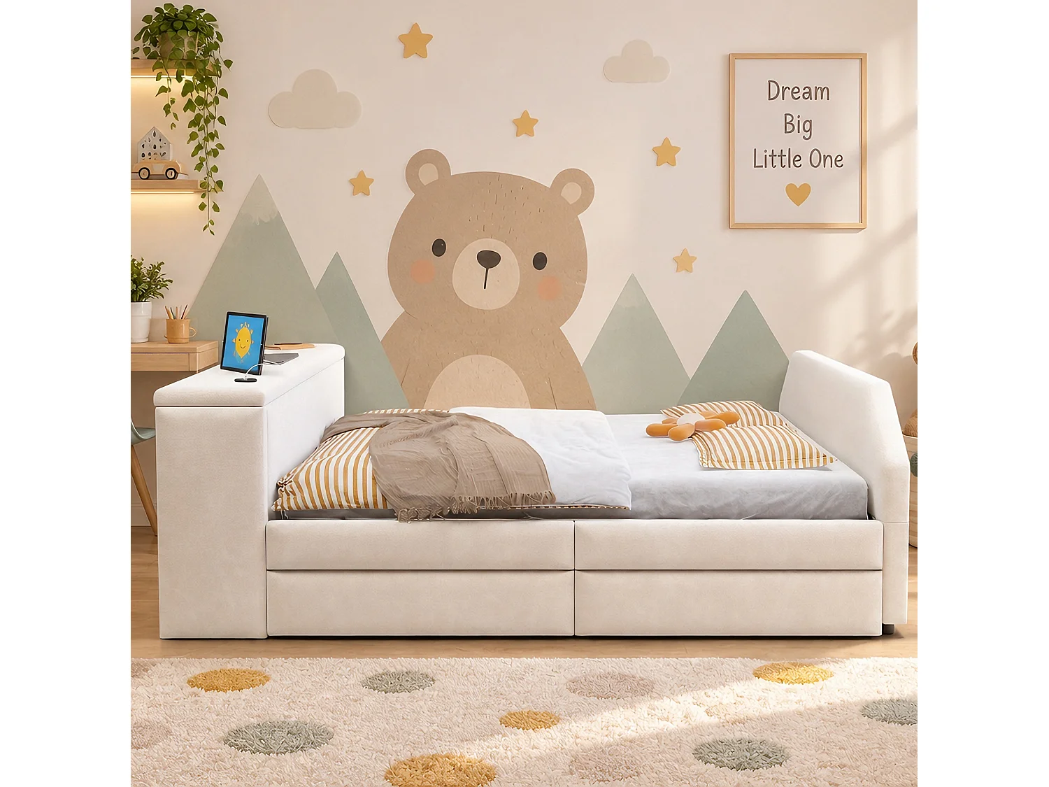 Letto imbottito 140 x 200 cm con scrivania, letto estraibile e porta USB - Velluto - Beige (materasso non incluso)