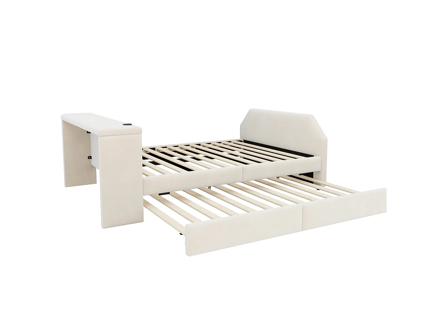 Letto imbottito 140 x 200 cm con scrivania, letto estraibile e porta USB - Velluto - Beige (materasso non incluso)