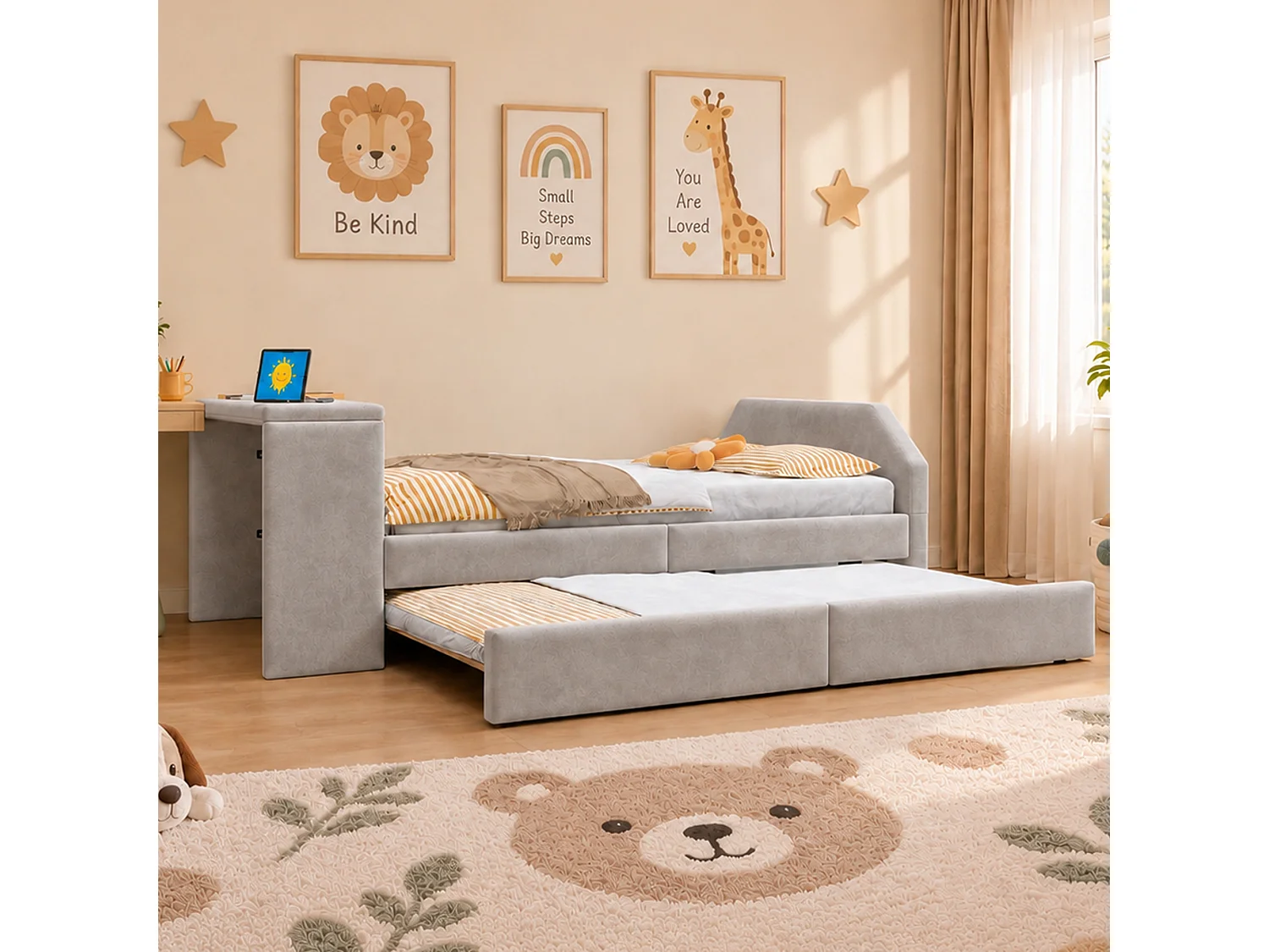 Lit capitonné 90 x 200 cm avec bureau, lit d'appoint et port USB - Velours - Gris (sans matelas)