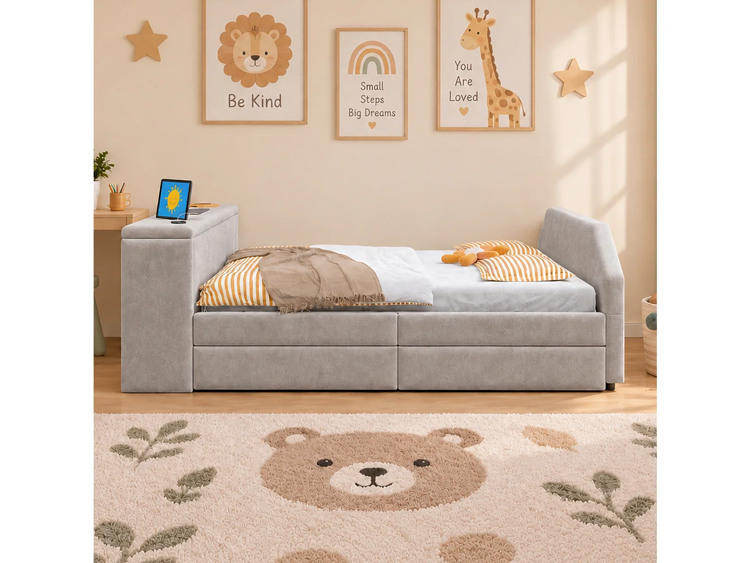 Lit capitonné 90 x 200 cm avec bureau, lit d'appoint et port USB - Velours - Gris (sans matelas)
