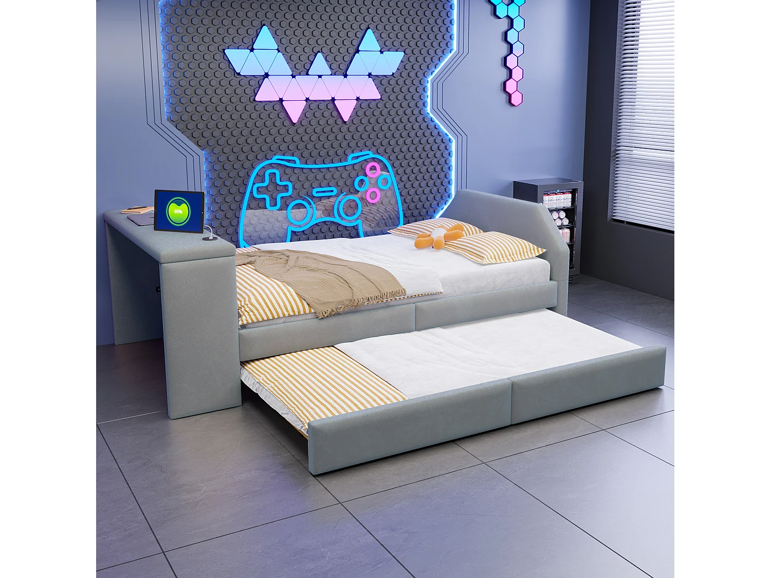 Lit capitonné 90 x 200 cm avec bureau, lit d'appoint et port USB - Velours - Gris (sans matelas)