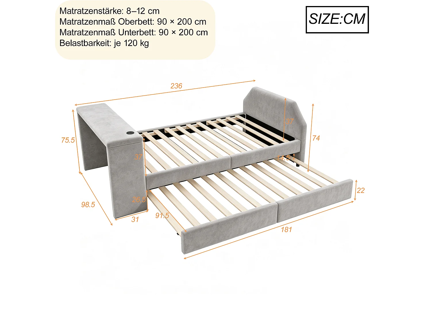 Lit capitonné 90 x 200 cm avec bureau, lit d'appoint et port USB - Velours - Gris (sans matelas)