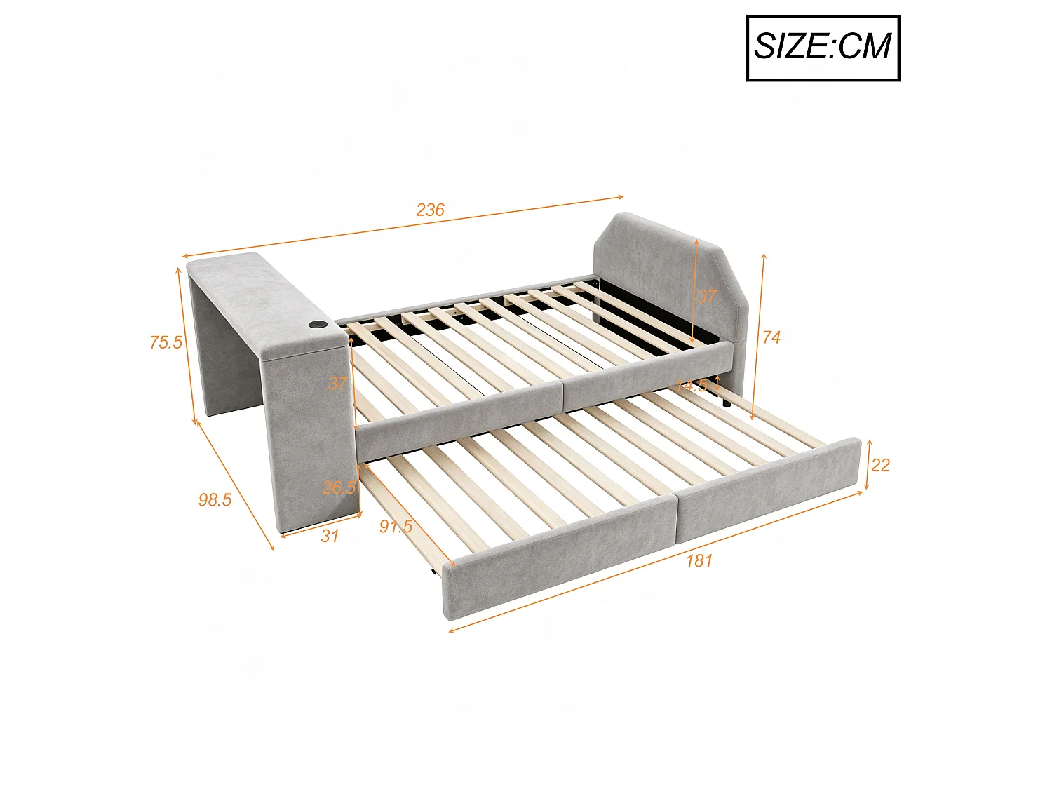 Lit capitonné 90 x 200 cm avec bureau, lit d'appoint et port USB - Velours - Gris (sans matelas)