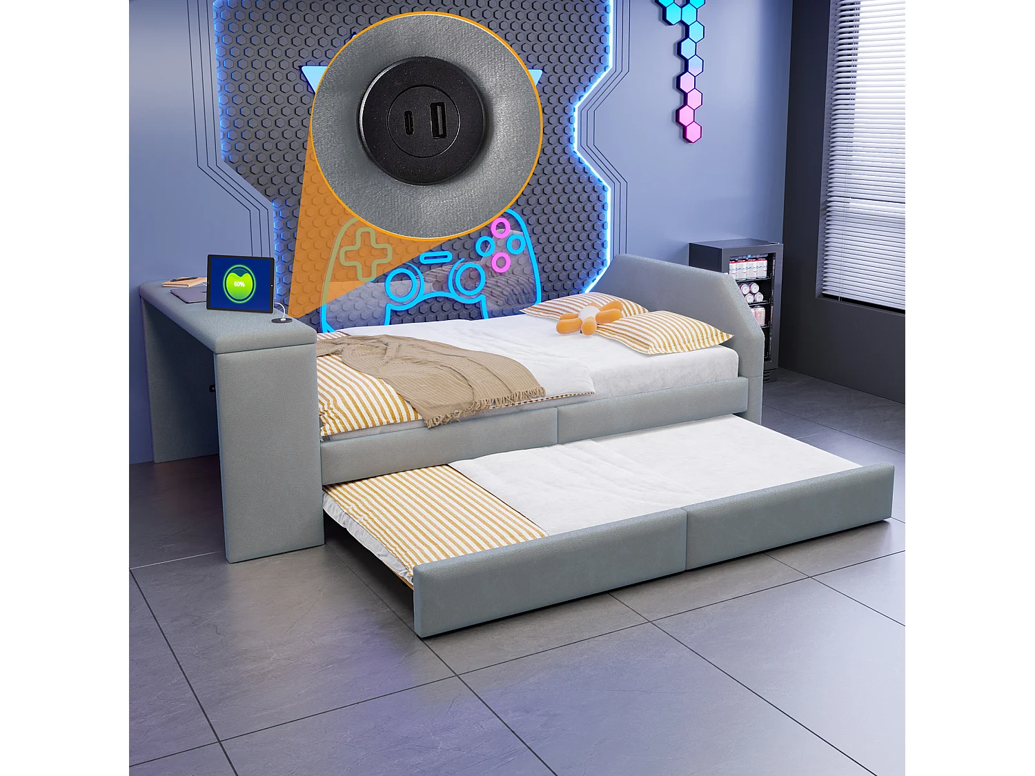Lit capitonné 90 x 200 cm avec bureau, lit d'appoint et port USB - Velours - Gris (sans matelas)