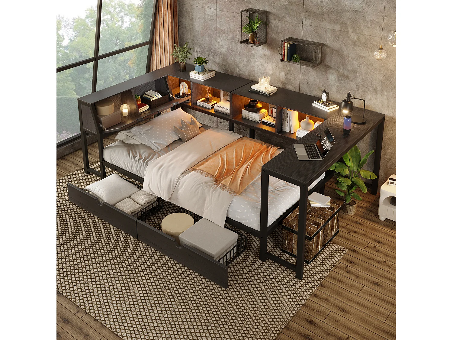 Letto 90 x 200 cm con scrivania, testiera con vani portaoggetti, LED e 2 cassetti - Metallo + MDF - Nero (Materasso escluso)