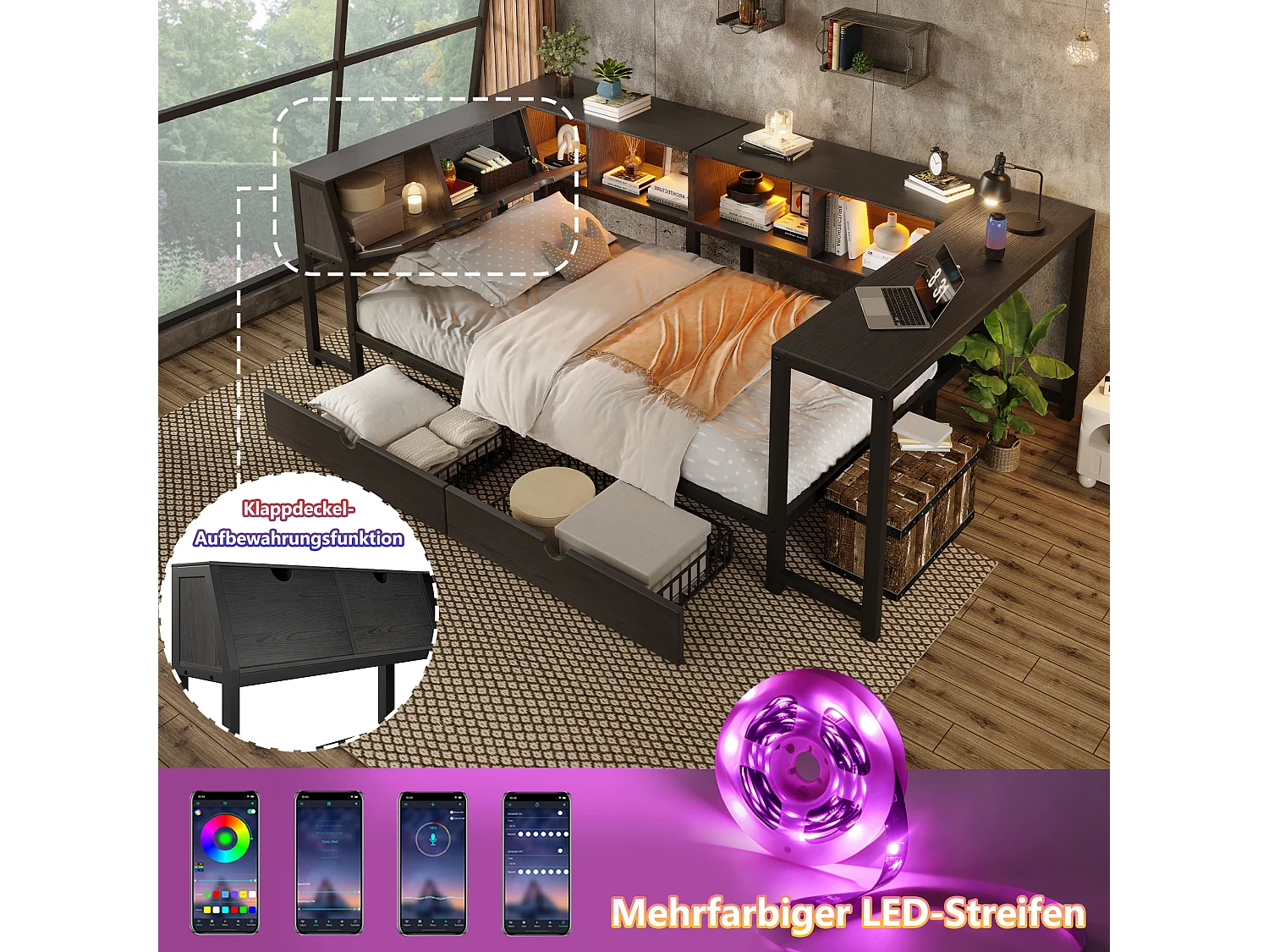 Letto 90 x 200 cm con scrivania, testiera con vani portaoggetti, LED e 2 cassetti - Metallo + MDF - Nero (Materasso escluso)