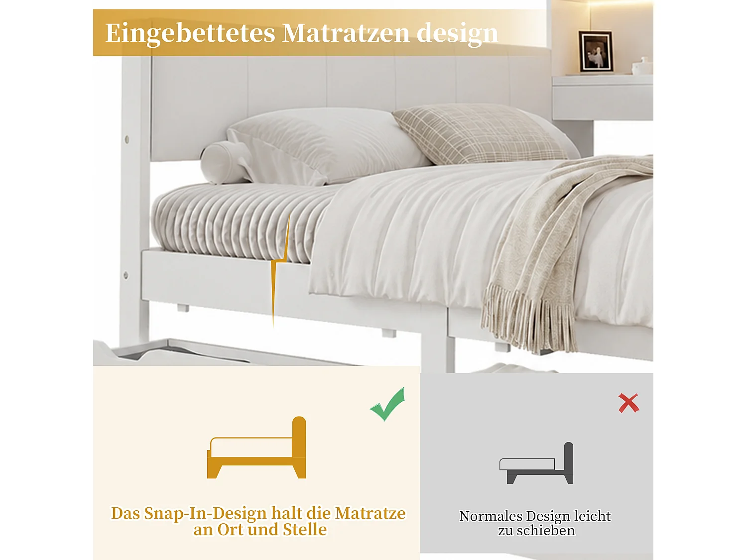 Letto 140 x 200 cm con testiera, contenitore, 2 cassetti e illuminazione a LED - MDF + PU - Bianco (materasso non incluso)