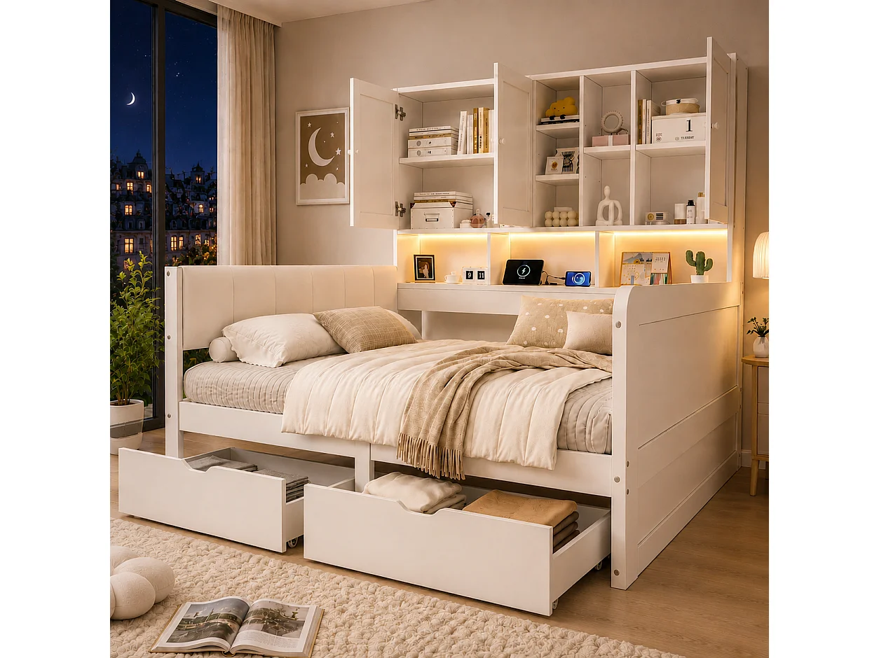 Letto 140 x 200 cm con testiera, contenitore, 2 cassetti e illuminazione a LED - MDF + PU - Bianco (materasso non incluso)