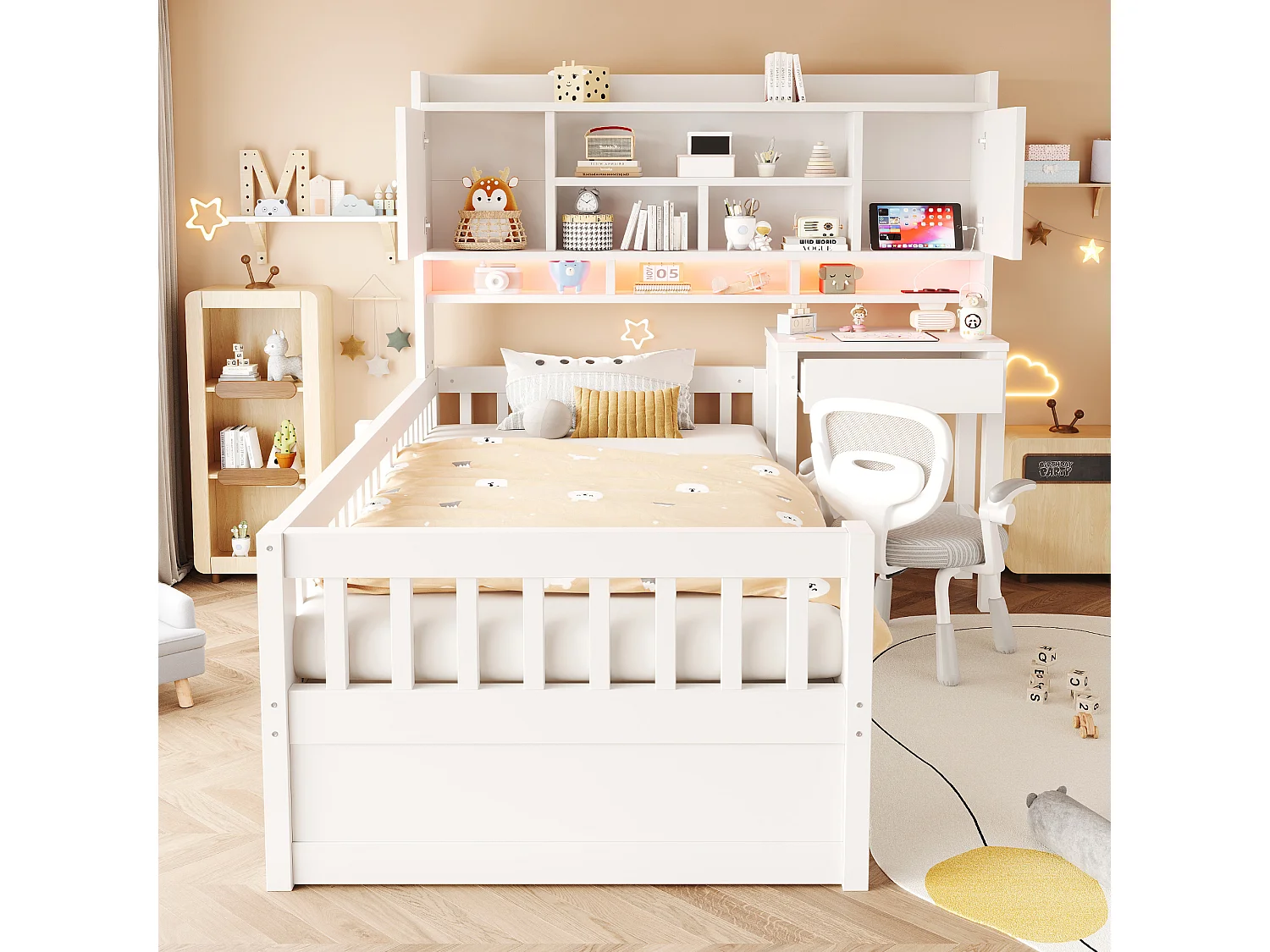 Lit enfant 90 x 200 cm avec bureau, rangements, LED et prise électrique - Bois de pin + MDF - Blanc (sans matelas)