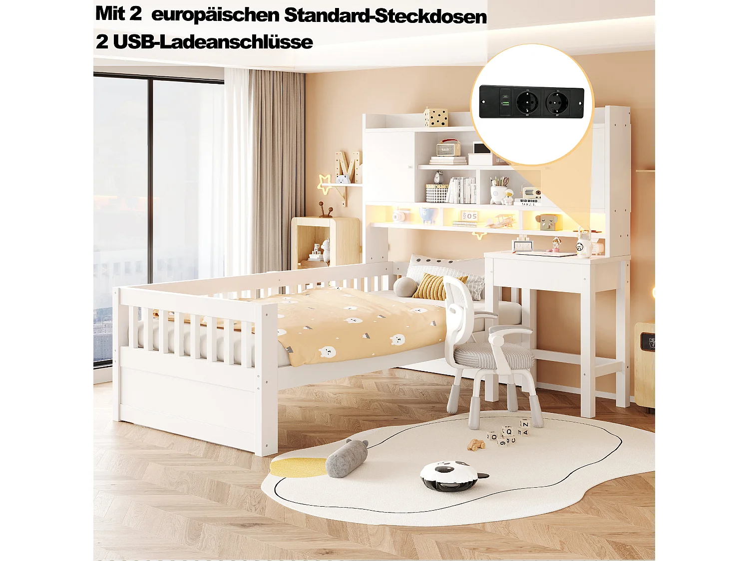 Lit enfant 90 x 200 cm avec bureau, rangements, LED et prise électrique - Bois de pin + MDF - Blanc (sans matelas)