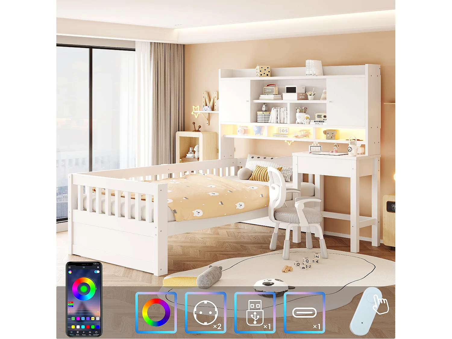 Lit enfant 90 x 200 cm avec bureau, rangements, LED et prise électrique - Bois de pin + MDF - Blanc (sans matelas)