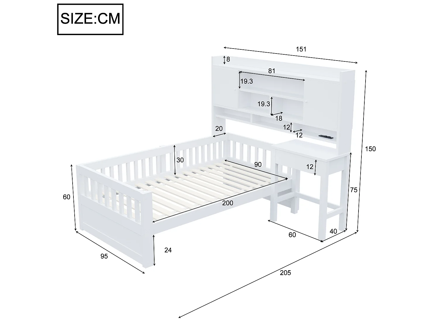 Lit enfant 90 x 200 cm avec bureau, rangements, LED et prise électrique - Bois de pin + MDF - Blanc (sans matelas)