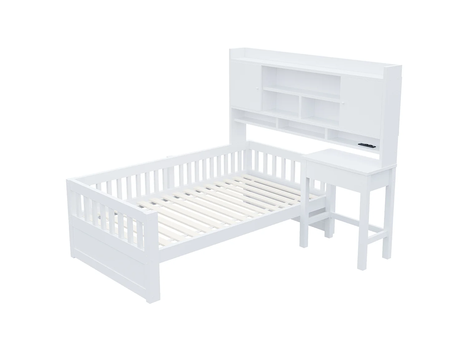 Lit enfant 90 x 200 cm avec bureau, rangements, LED et prise électrique - Bois de pin + MDF - Blanc (sans matelas)