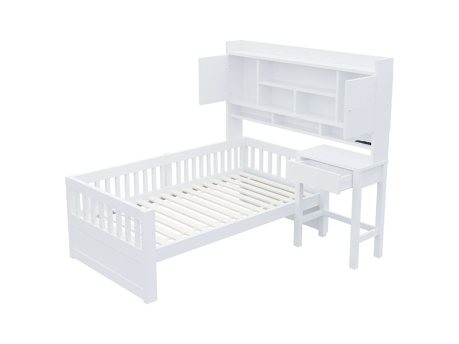Lit enfant 90 x 200 cm avec bureau, rangements, LED et prise électrique - Bois de pin + MDF - Blanc (sans matelas)