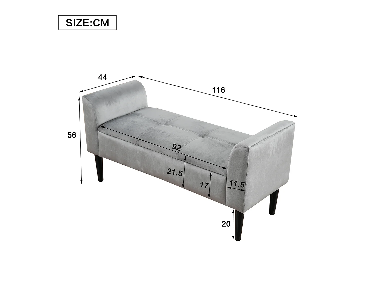Banc de chevet en velours - 116 x 46 x 56 cm - pour chambre ou salle à manger - Gris