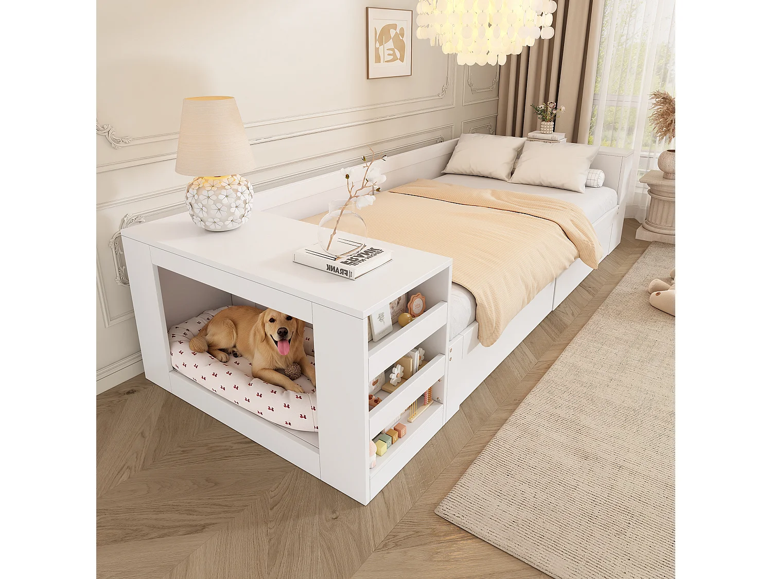 Lit enfant 90 x 200 cm avec rangement et espace pour animal - 2 tiroirs et étagères - Bois massif et MDF - Blanc (Sans matelas)
