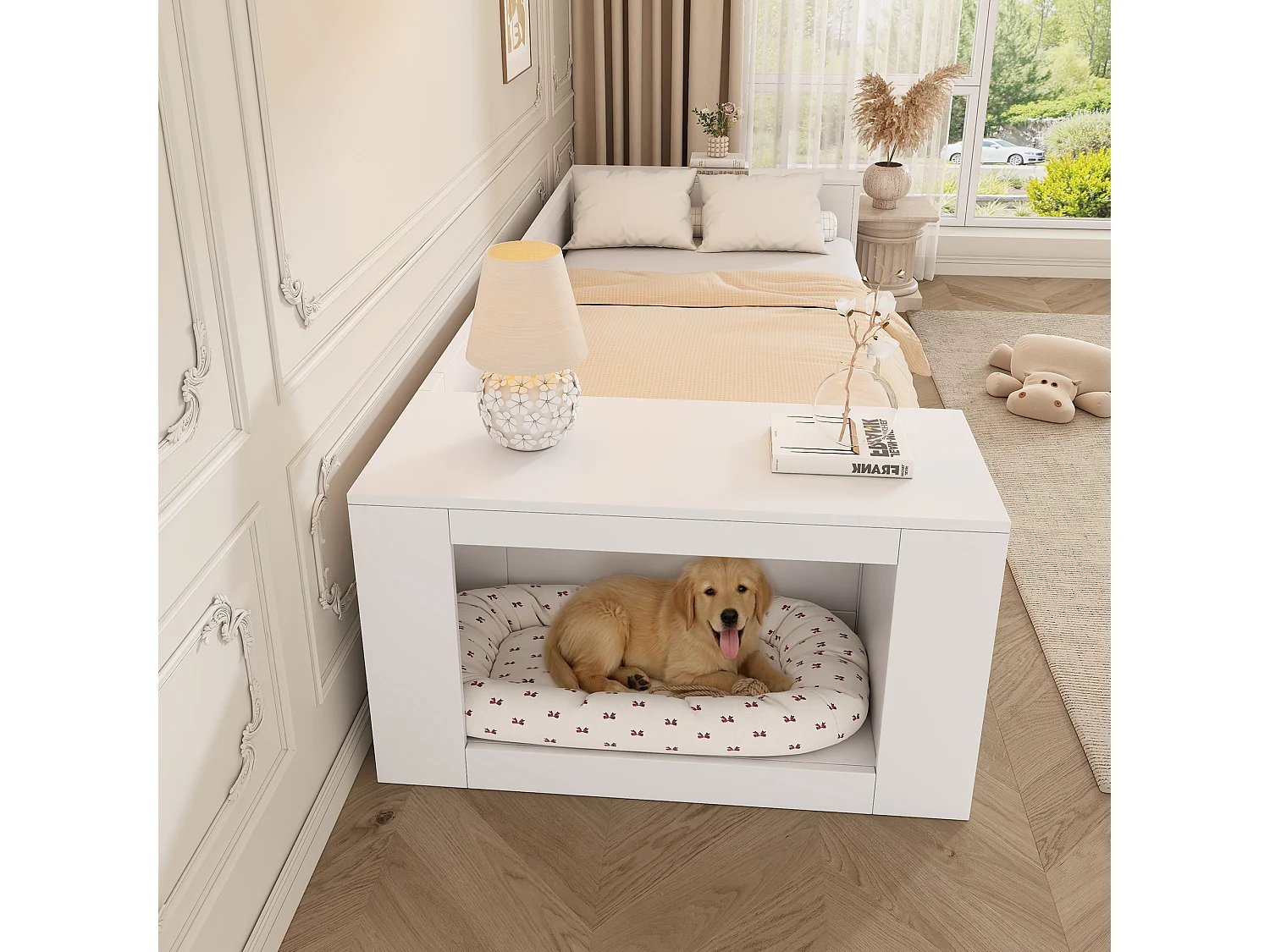 Lit enfant 90 x 200 cm avec rangement et espace pour animal - 2 tiroirs et étagères - Bois massif et MDF - Blanc (Sans matelas)