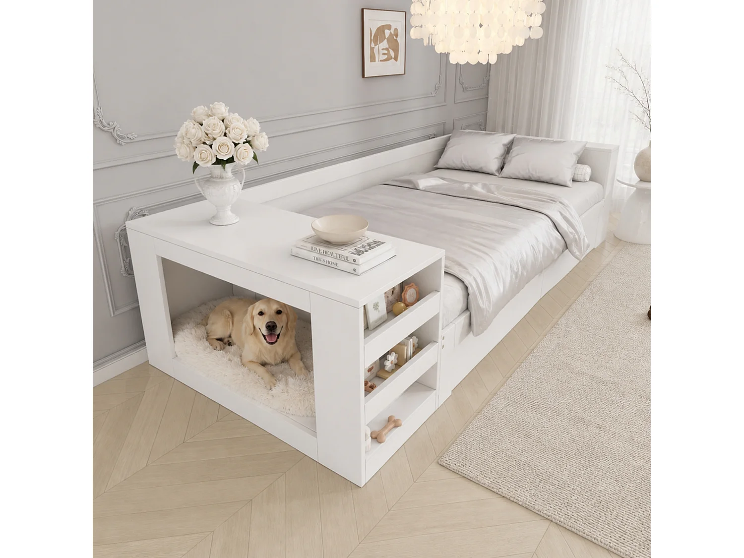 Lit enfant 90 x 200 cm avec rangement et espace pour animal - 2 tiroirs et étagères - Bois massif et MDF - Blanc (Sans matelas)