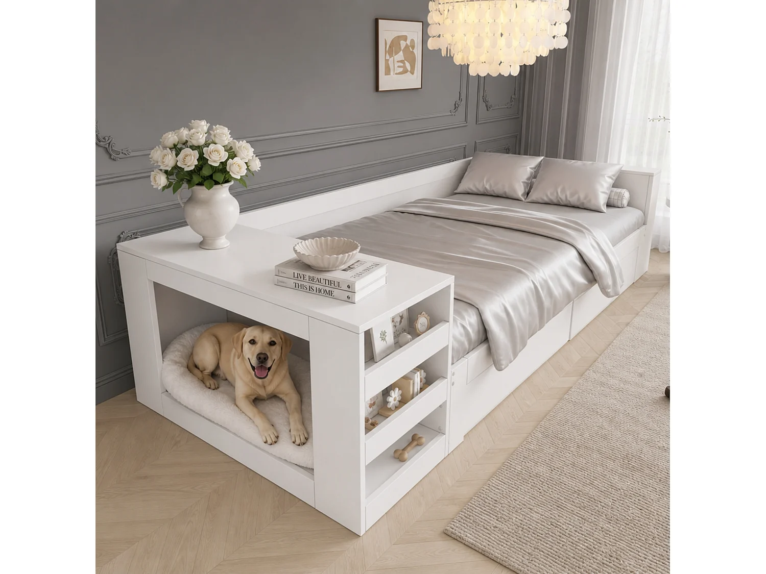 Lit enfant 90 x 200 cm avec rangement et espace pour animal - 2 tiroirs et étagères - Bois massif et MDF - Blanc (Sans matelas)