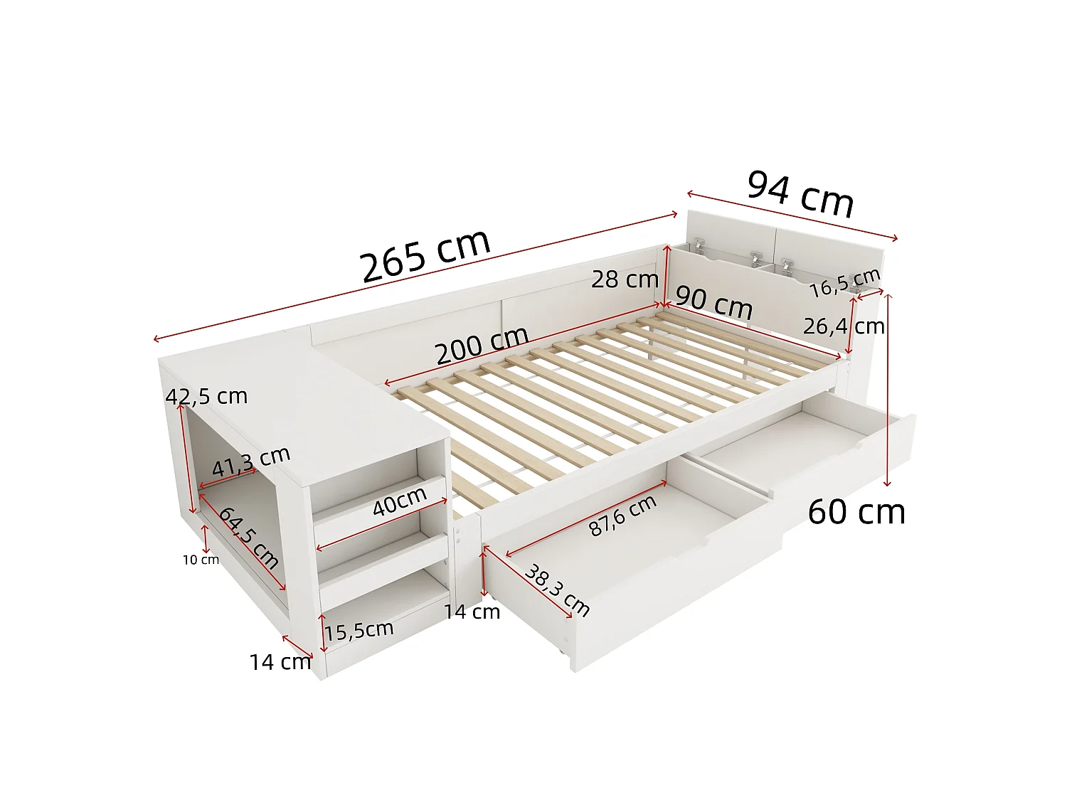 Lit enfant 90 x 200 cm avec rangement et espace pour animal - 2 tiroirs et étagères - Bois massif et MDF - Blanc (Sans matelas)
