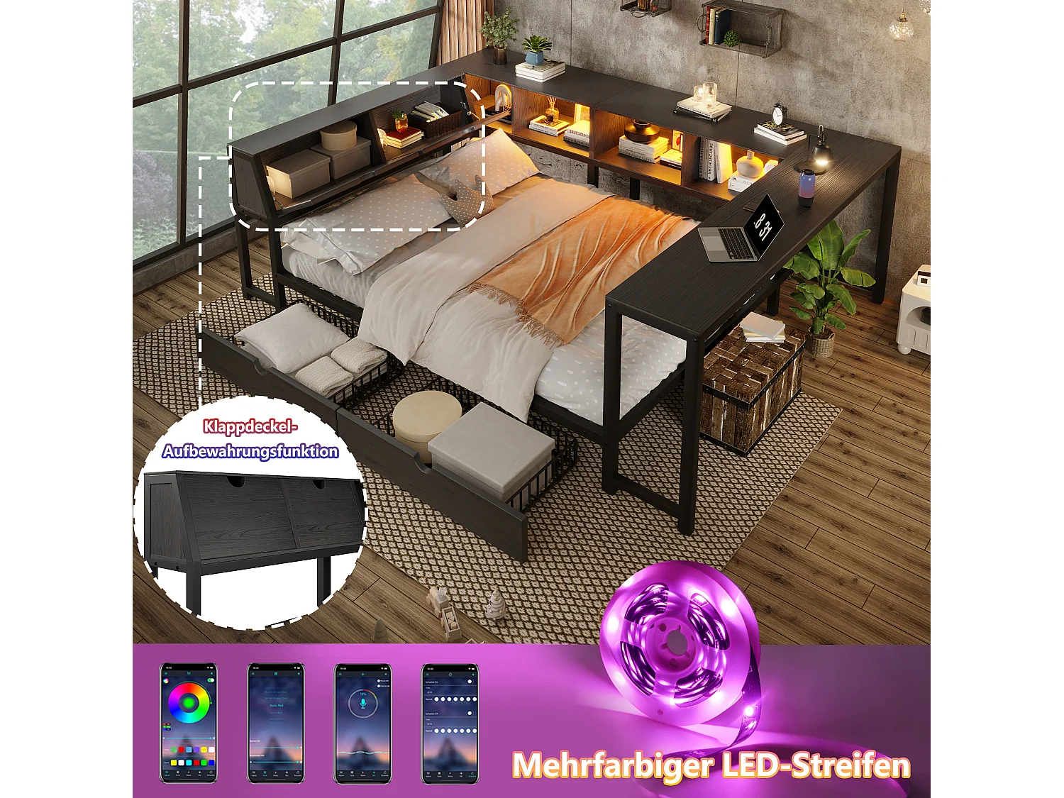 Letto 140 x 200 cm con scrivania, testiera con vani portaoggetti, LED e 2 cassetti - Metallo + MDF - Nero (Materasso escluso)