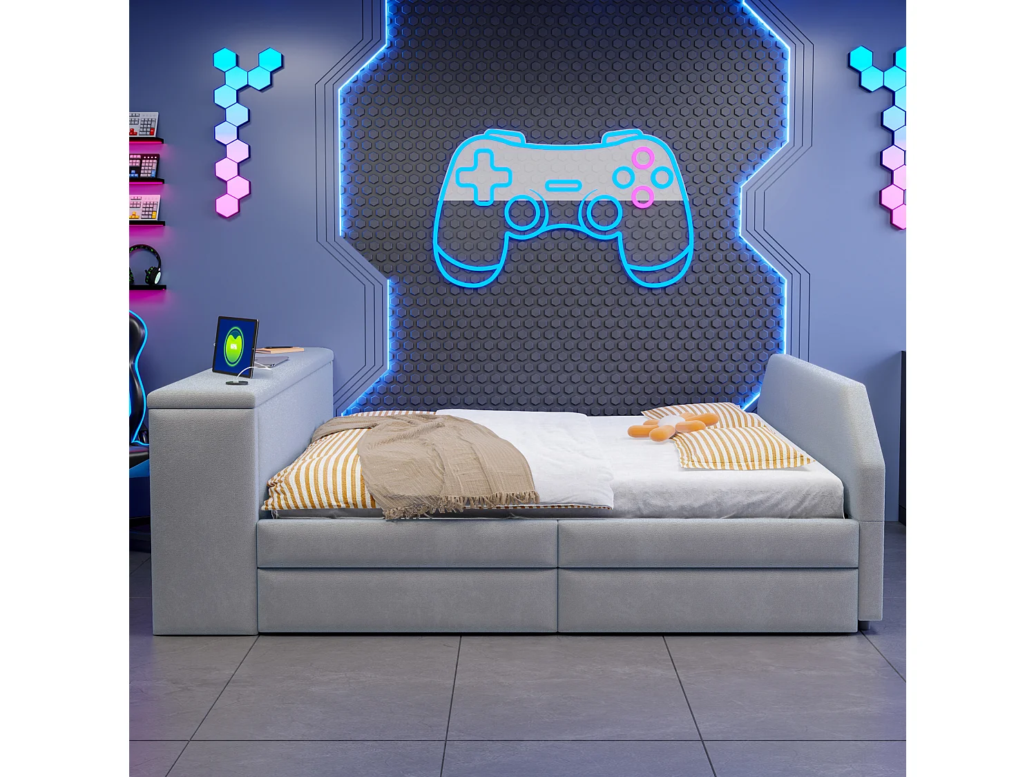 Letto imbottito 140 x 200 cm con scrivania, letto estraibile e porta USB - Velluto - Grigio (materasso non incluso)
