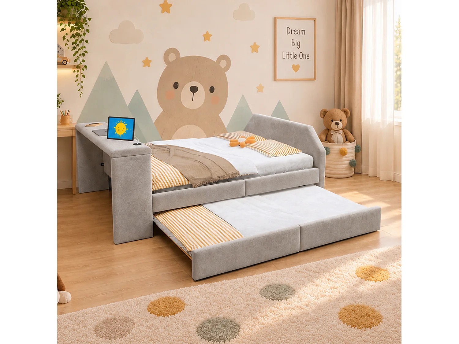 Letto imbottito 140 x 200 cm con scrivania, letto estraibile e porta USB - Velluto - Grigio (materasso non incluso)