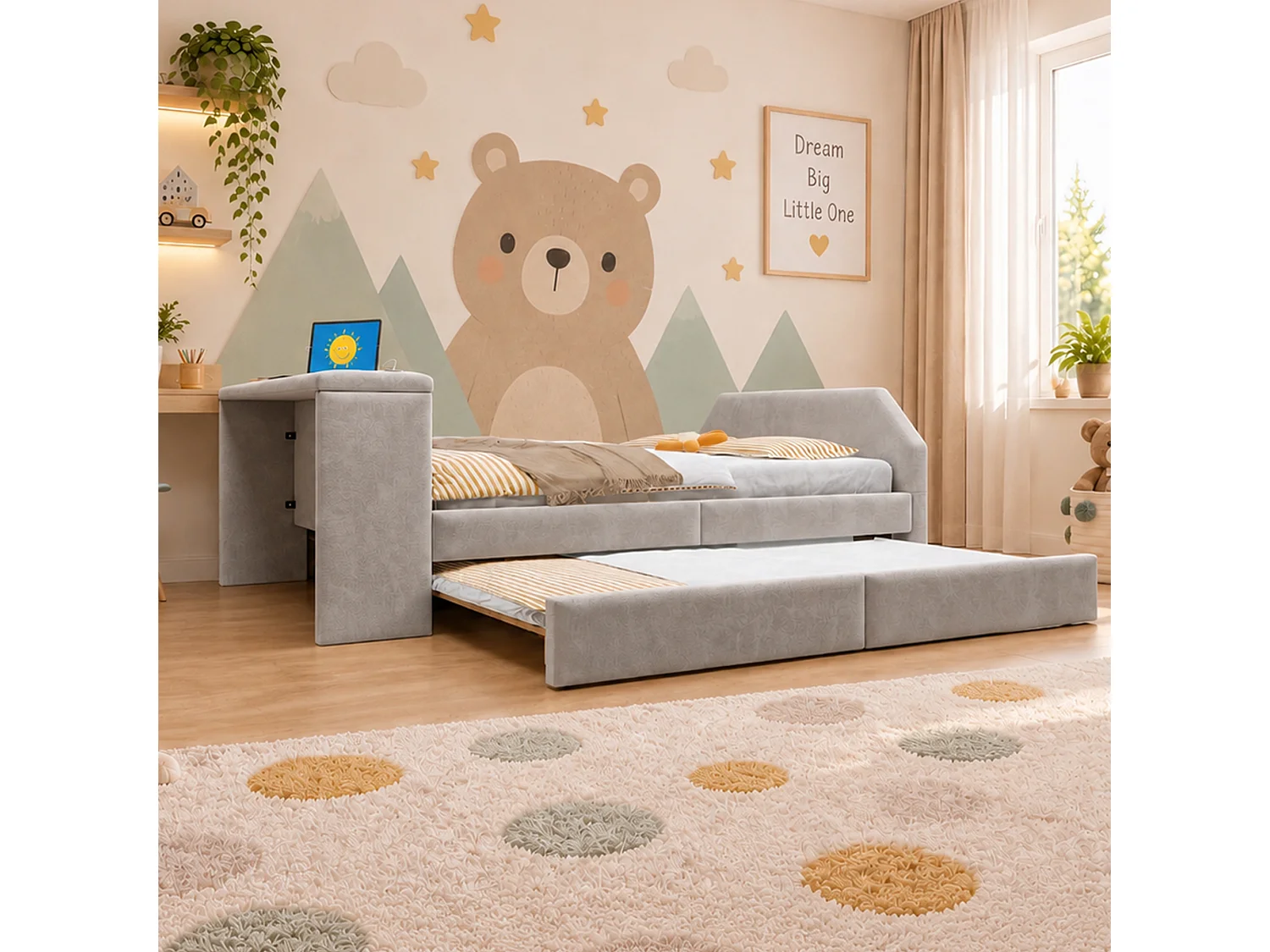 Letto imbottito 140 x 200 cm con scrivania, letto estraibile e porta USB - Velluto - Grigio (materasso non incluso)