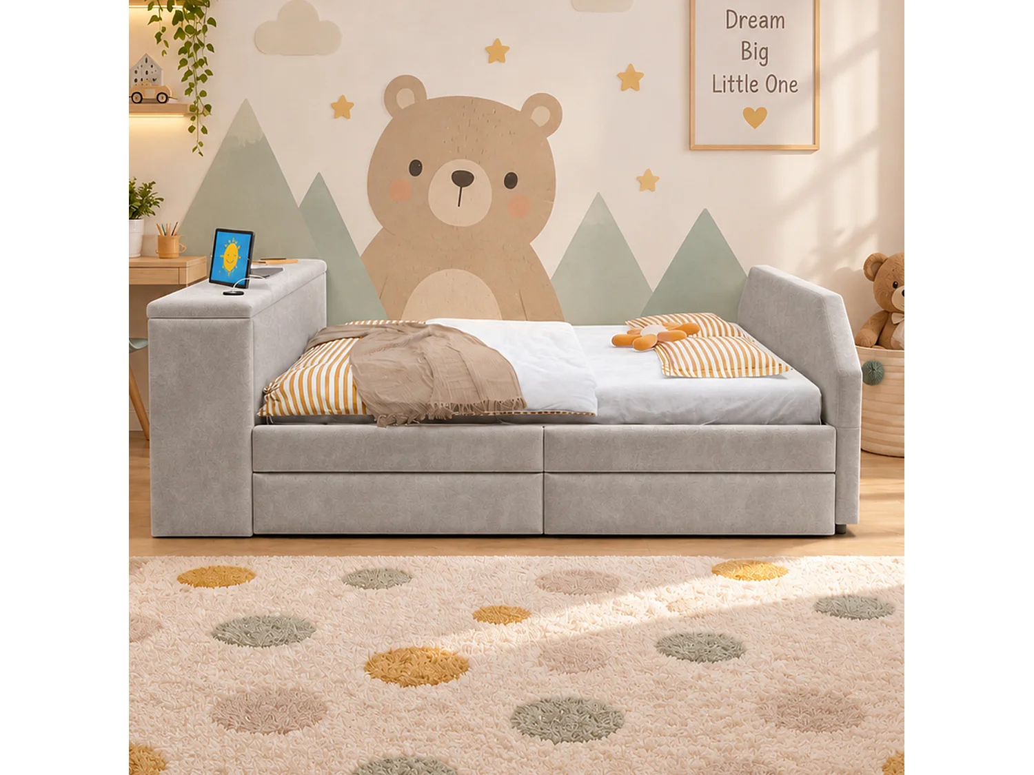 Letto imbottito 140 x 200 cm con scrivania, letto estraibile e porta USB - Velluto - Grigio (materasso non incluso)