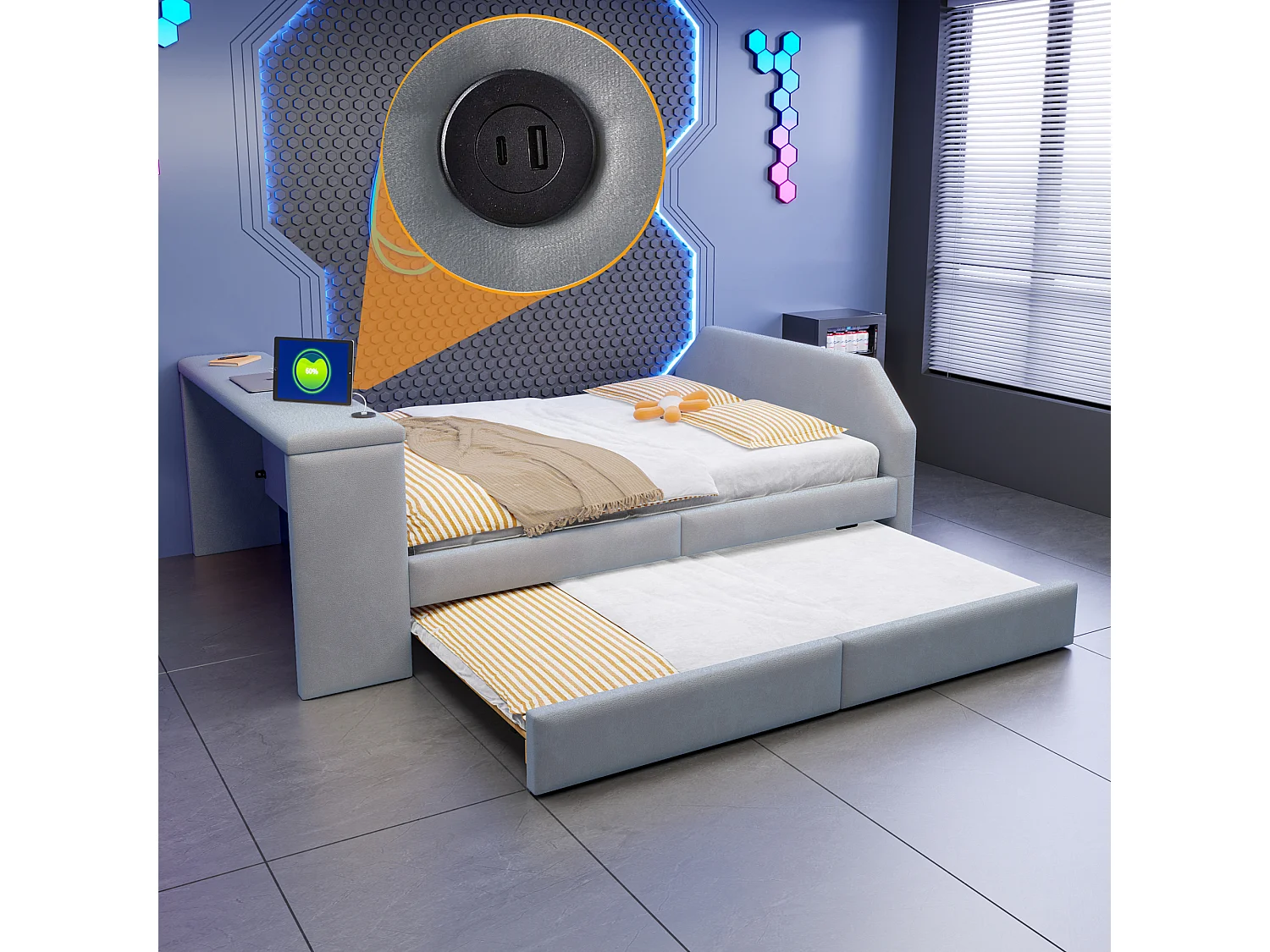Letto imbottito 140 x 200 cm con scrivania, letto estraibile e porta USB - Velluto - Grigio (materasso non incluso)