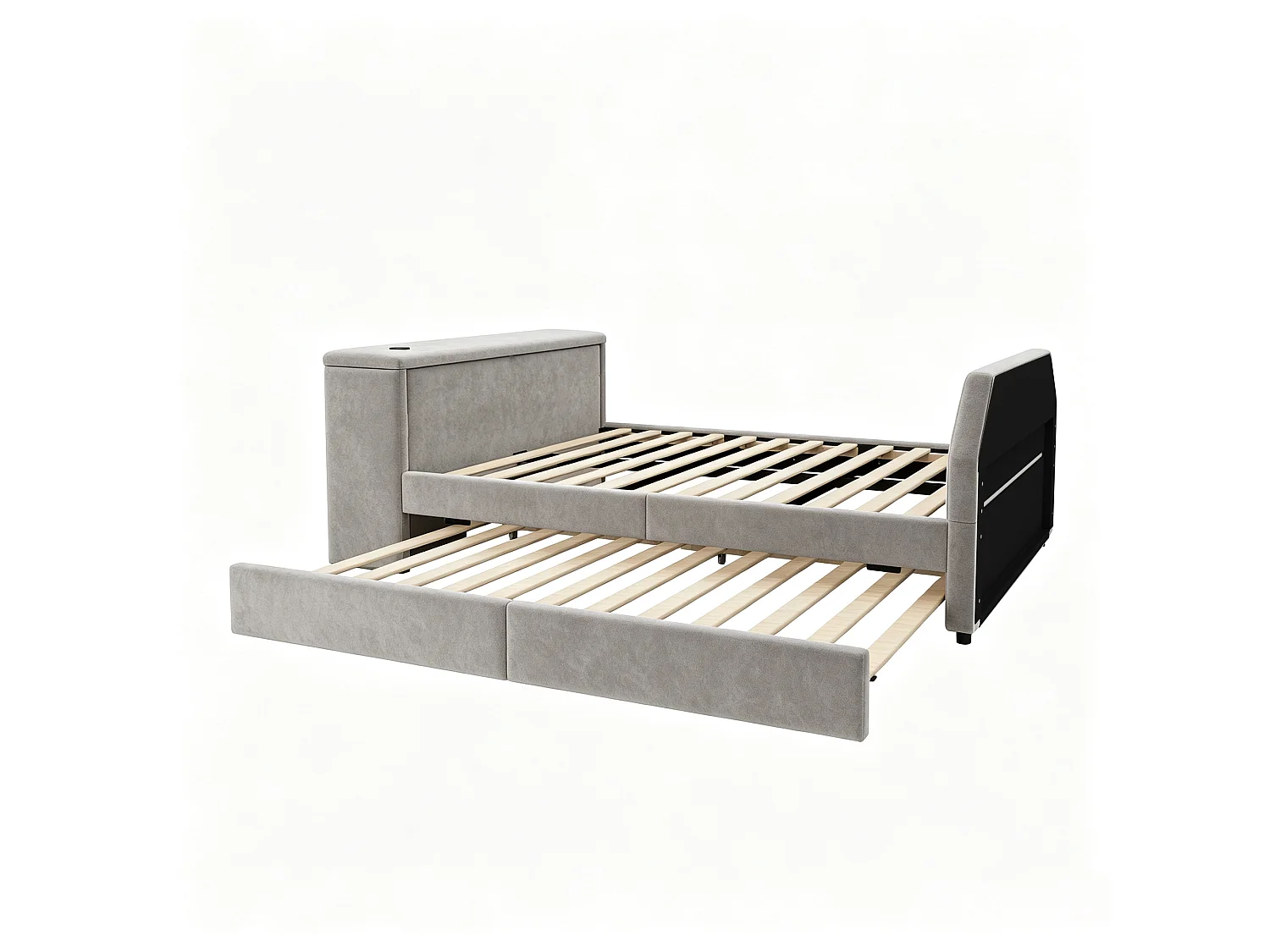 Letto imbottito 140 x 200 cm con scrivania, letto estraibile e porta USB - Velluto - Grigio (materasso non incluso)