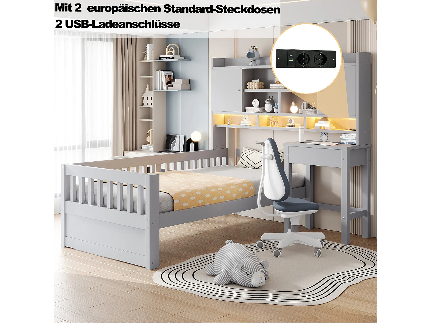 Lit enfant 90 x 200 cm avec bureau, rangements, LED et prise électrique - Bois de pin + MDF - Gris (sans matelas)