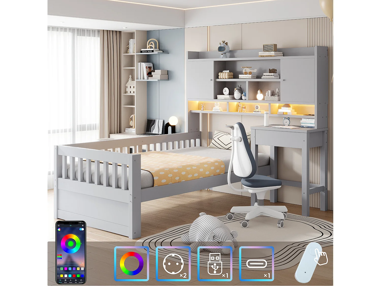 Lit enfant 90 x 200 cm avec bureau, rangements, LED et prise électrique - Bois de pin + MDF - Gris (sans matelas)