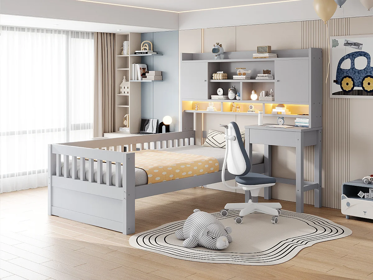Lit enfant 90 x 200 cm avec bureau, rangements, LED et prise électrique - Bois de pin + MDF - Gris (sans matelas)