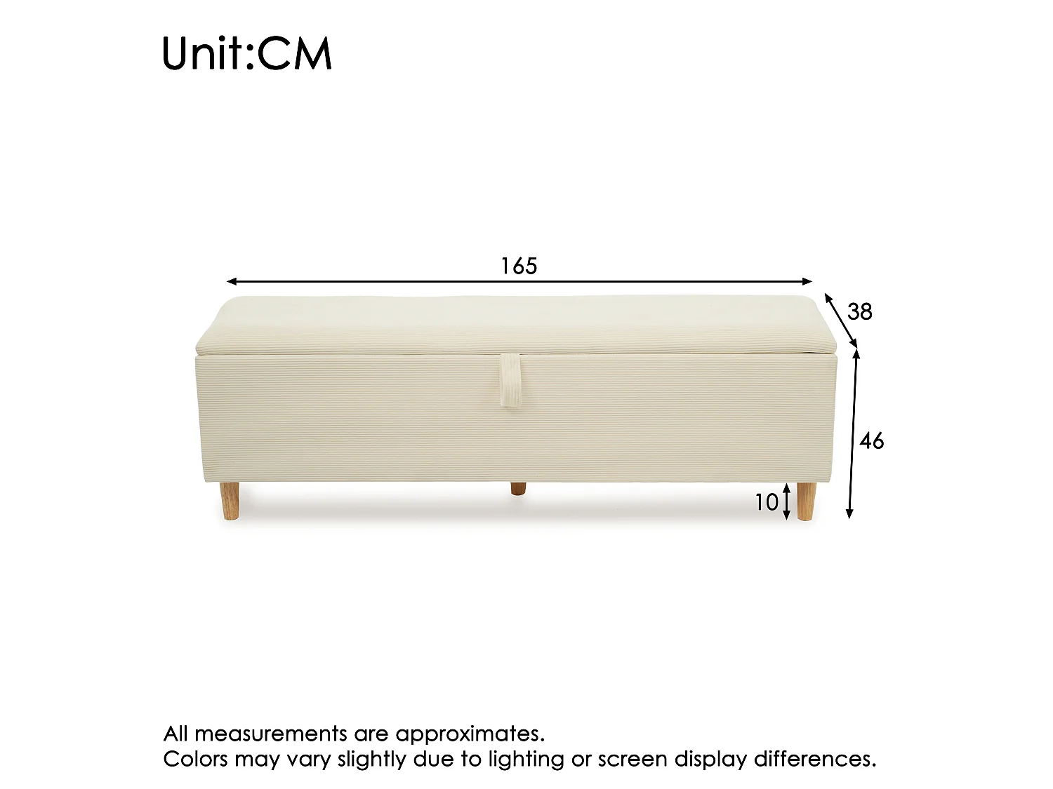 Banc coffre de rangement en velours côtelé, banquette de lit - 165 x 38 x 46 cm - pour chambre, salon et couloir - Beige