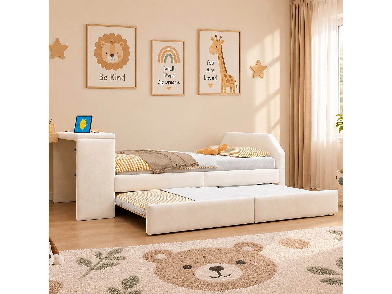 Lit capitonné 90 x 200 cm avec bureau, lit d'appoint et port USB - Velours - Beige (sans matelas)