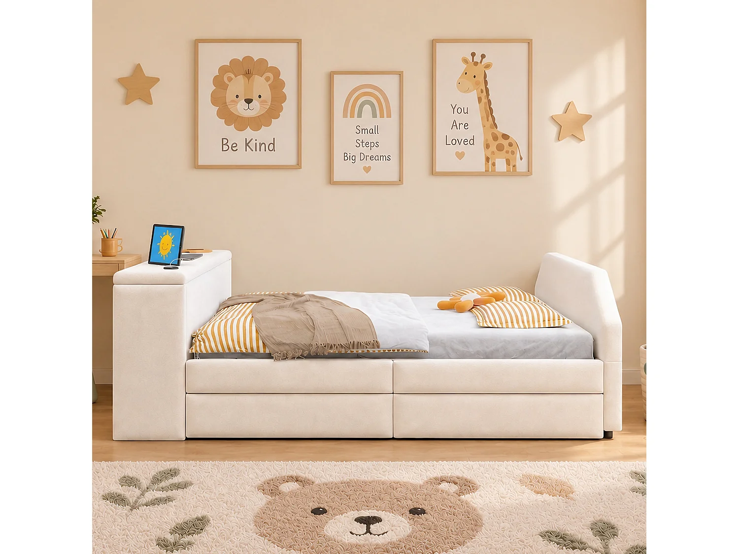Lit capitonné 90 x 200 cm avec bureau, lit d'appoint et port USB - Velours - Beige (sans matelas)