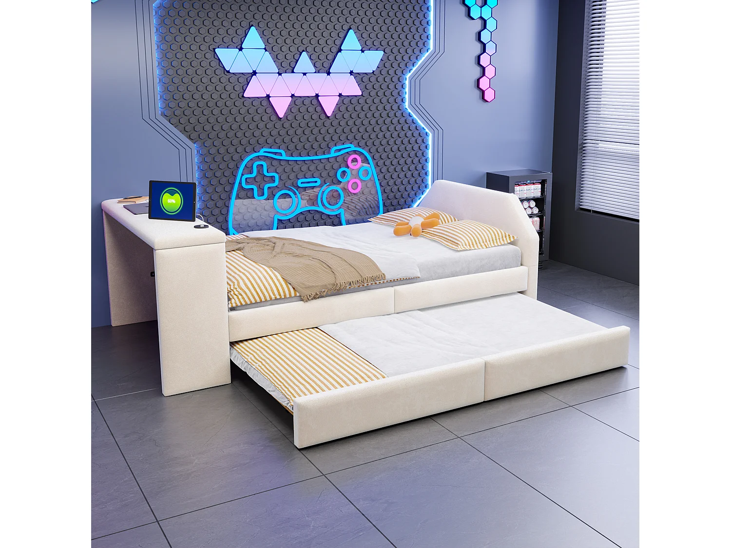 Lit capitonné 90 x 200 cm avec bureau, lit d'appoint et port USB - Velours - Beige (sans matelas)