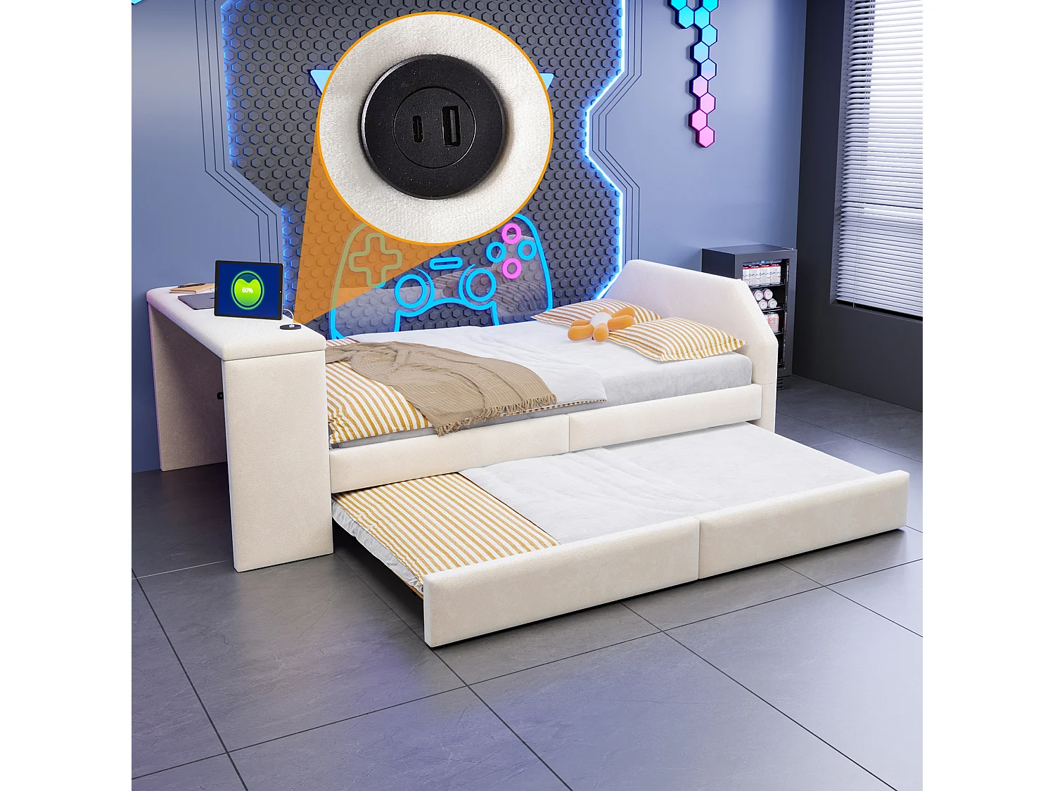 Lit capitonné 90 x 200 cm avec bureau, lit d'appoint et port USB - Velours - Beige (sans matelas)
