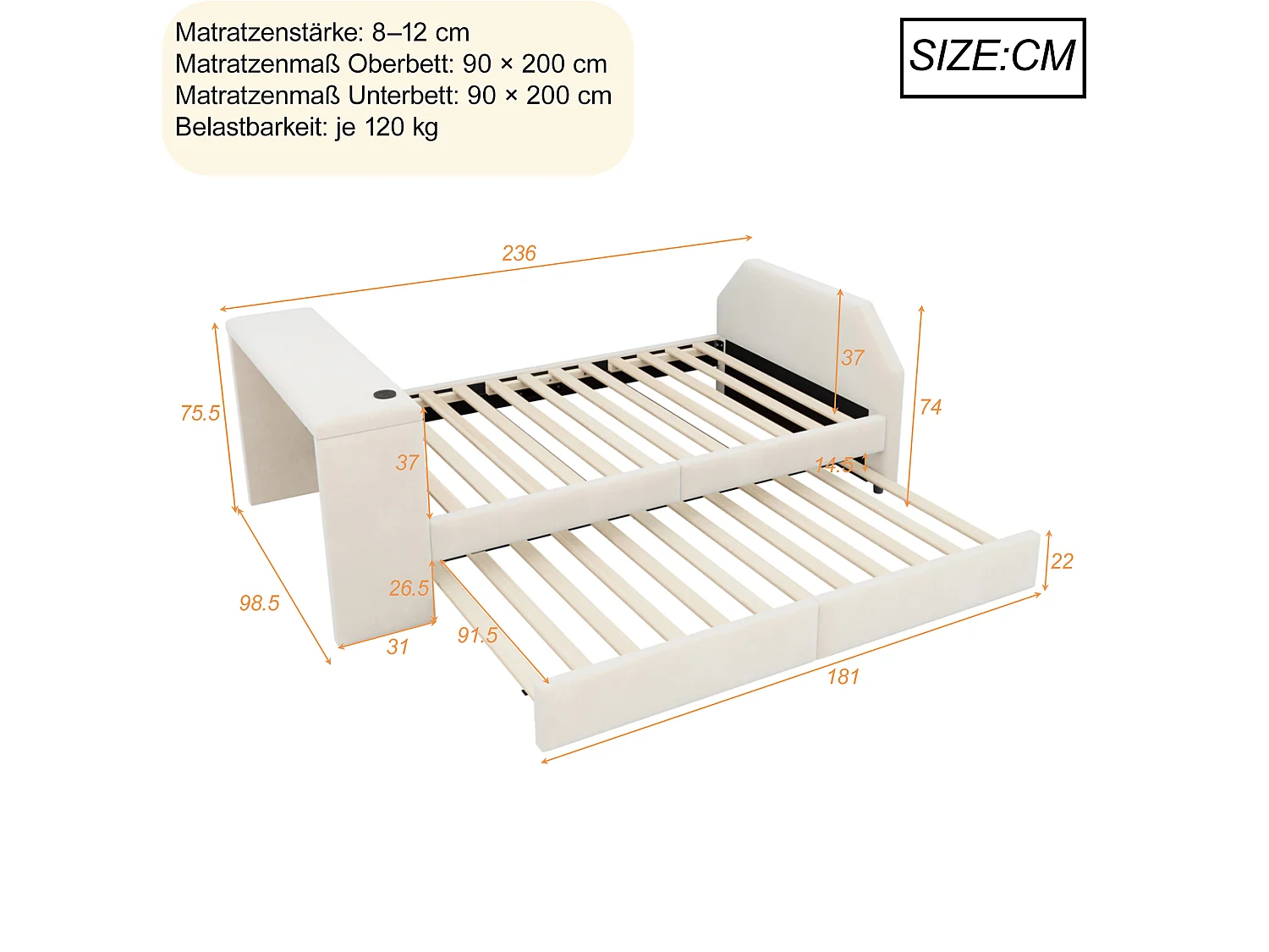Lit capitonné 90 x 200 cm avec bureau, lit d'appoint et port USB - Velours - Beige (sans matelas)
