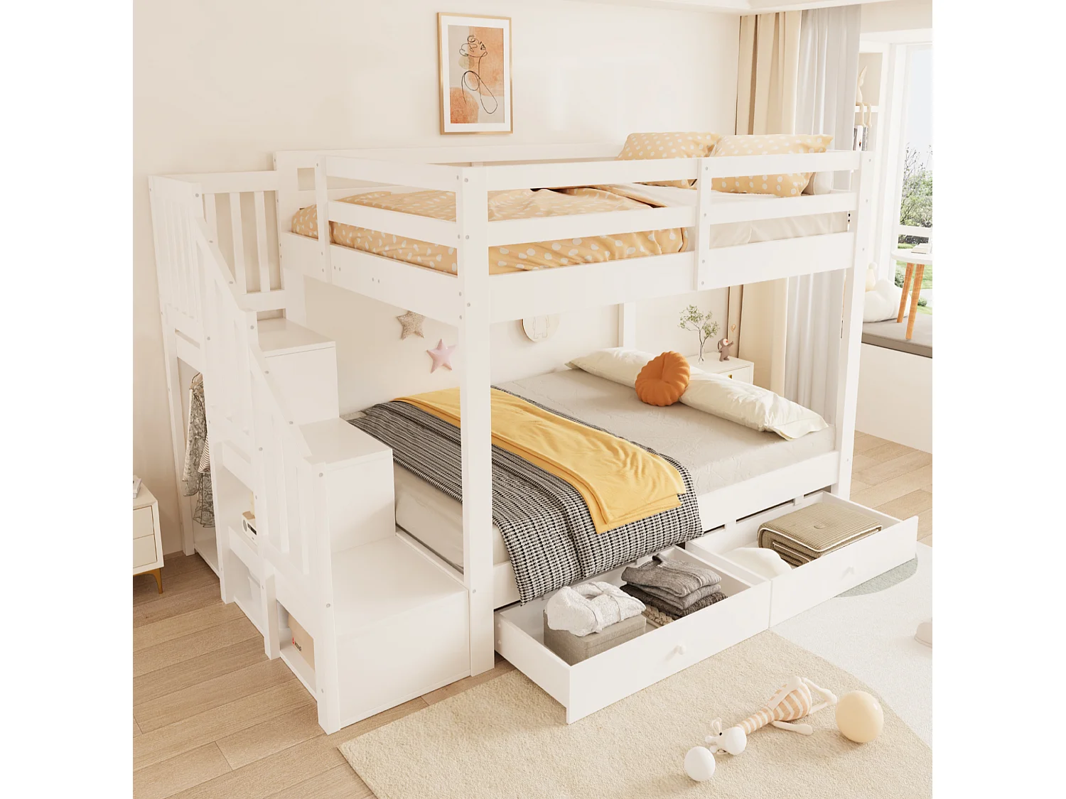 Etagenbett 140 x 200 cm mit Aufbewahrungsleiter und 2 Schubladen - Kiefernholz - Weiß (Matratze nicht enthalten)
