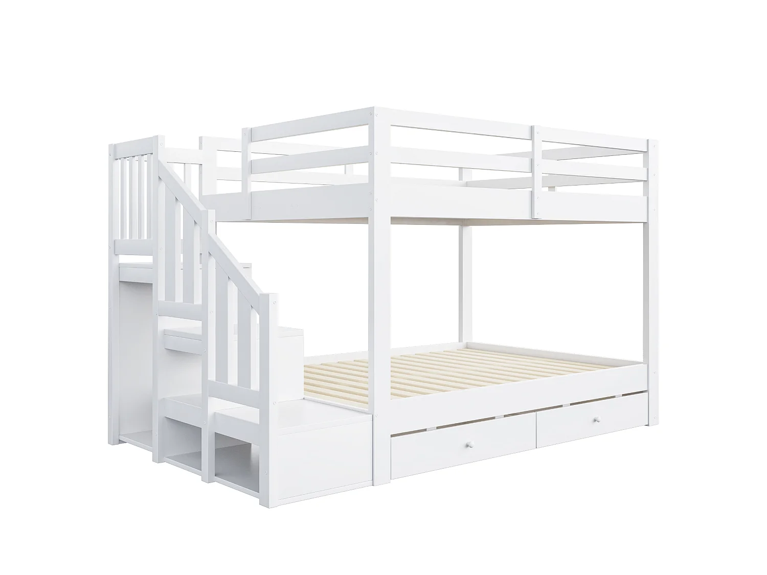 Etagenbett 140 x 200 cm mit Aufbewahrungsleiter und 2 Schubladen - Kiefernholz - Weiß (Matratze nicht enthalten)