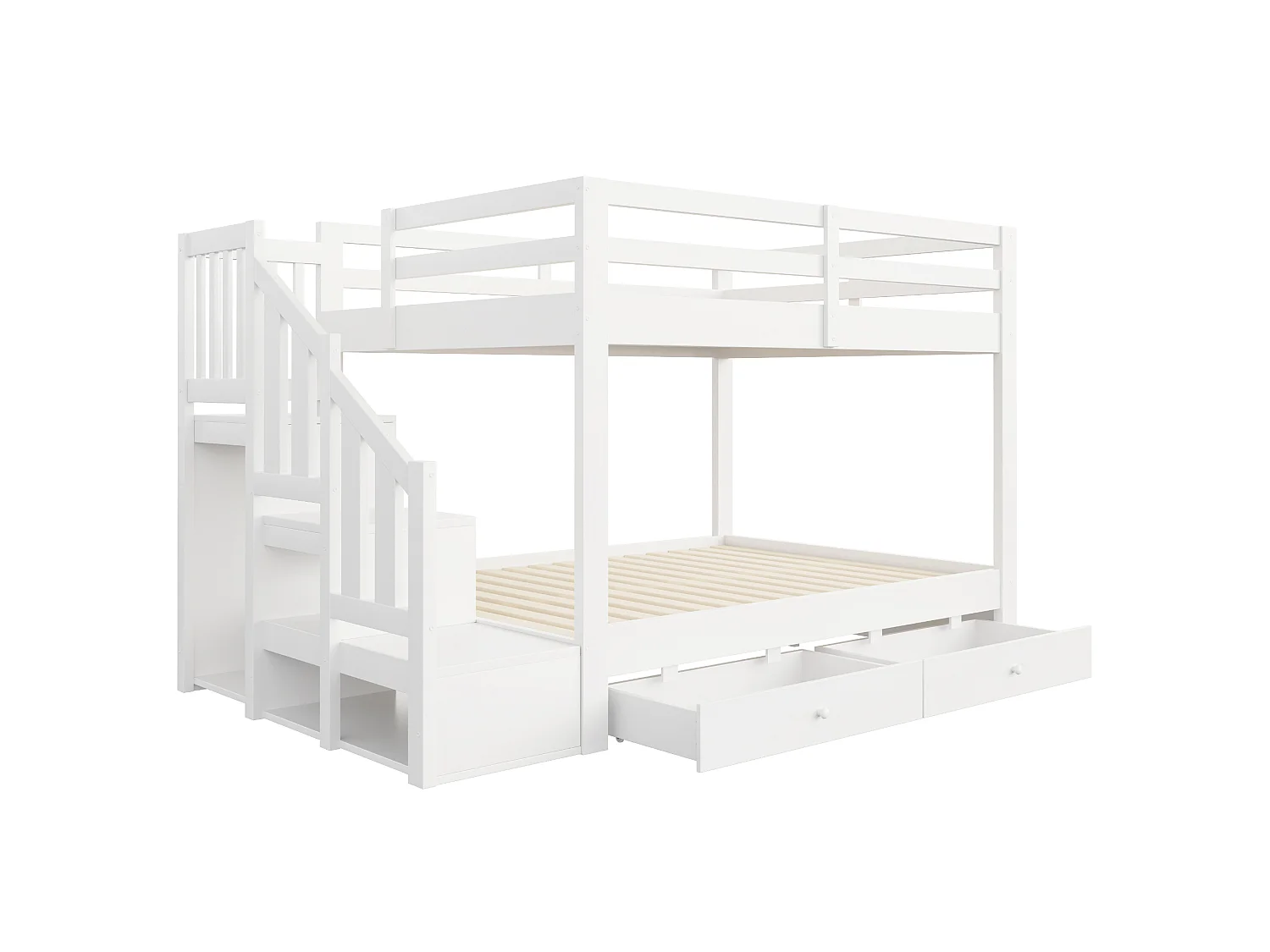 Etagenbett 140 x 200 cm mit Aufbewahrungsleiter und 2 Schubladen - Kiefernholz - Weiß (Matratze nicht enthalten)