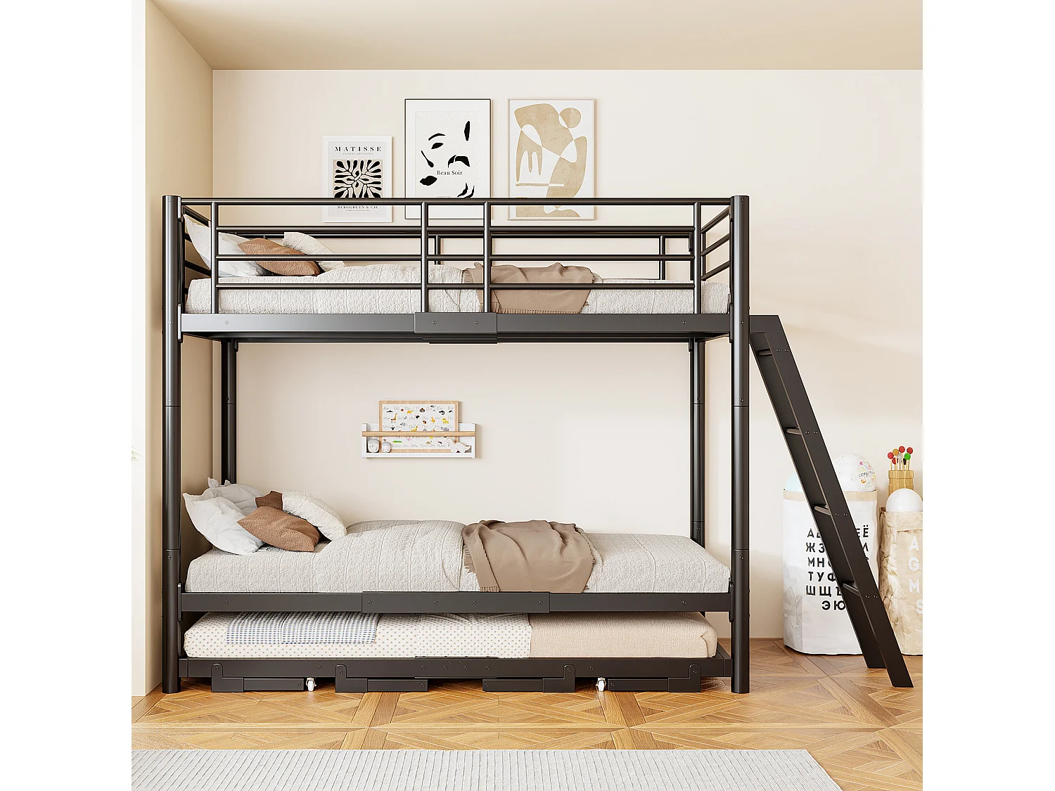 Stapelbed 2 x 90 x 200 cm met uitschuifbaar bed 90 x 190 cm - Metaal - Modulaire slaapopstelling - Zwart (matras niet inbegrepen)